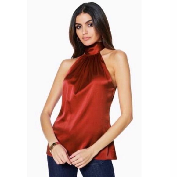 Ramy Brook Lori Halter Tie Back Silk Top in Clay (Red). - Picture 2 of 12
